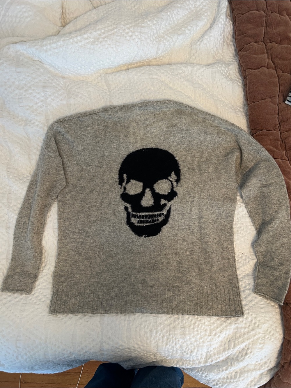 Skull Cashmere Gray Crewneck Sweater with Black Skull Graphic